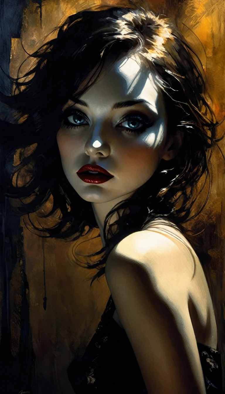 eroticism, sexy, black and white image, between shadows, oil painting, dramatic lighting, dramatic contrast, chiaroscuro, detailed face, sensual expression, elegant pose, female figure, mysterious, moody, cinematic, dark romantic, Bill Sienkiewicz inspired, dark atmosphere, powerful composition, dramatic shadows, high quality, photorealistic, masterpiece (best quality,4k,8k,highres,masterpiece:1.2),ultra-detailed,(realistic,photorealistic,photo-realistic:1.37),intricate details,vivid colors,sharp focus,professional,Dave McKean artwork, oil touch of surrealism,oil painting style,portrait,woman,beautiful detailed eyes,beautiful detailed lips,dreamlike atmosphere,shadow play,soft lighting,playful pose,minimalist room,dark hues,ethereal background,fantasy elements,texture,layered composition.