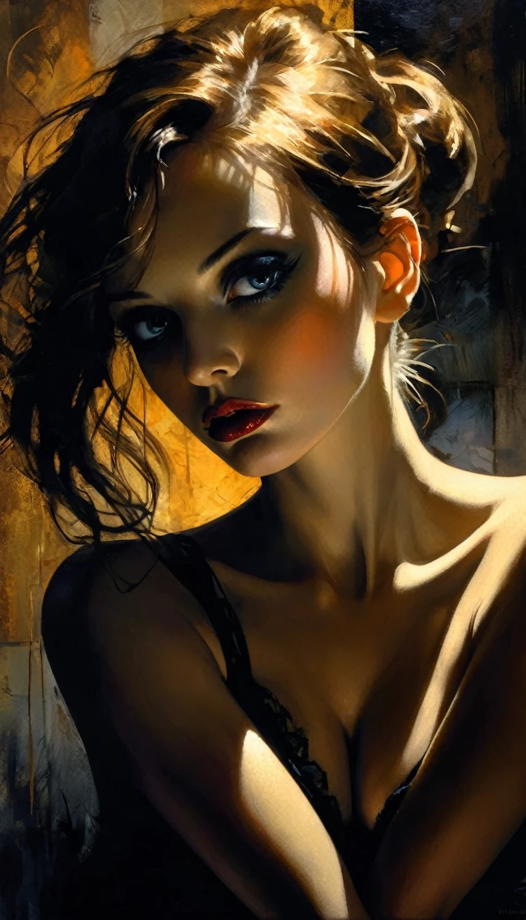 eroticism, sexy, black and white image, between shadows, oil painting, dramatic lighting, dramatic contrast, chiaroscuro, detailed face, sensual expression, elegant pose, female figure, mysterious, moody, cinematic, dark romantic, Bill Sienkiewicz inspired, dark atmosphere, powerful composition, dramatic shadows, high quality, photorealistic, masterpiece (best quality,4k,8k,highres,masterpiece:1.2),ultra-detailed,(realistic,photorealistic,photo-realistic:1.37),intricate details,vivid colors,sharp focus,professional,Dave McKean artwork, oil touch of surrealism,oil painting style,portrait,woman,beautiful detailed eyes,beautiful detailed lips,dreamlike atmosphere,shadow play,soft lighting,playful pose,minimalist room,dark hues,ethereal background,fantasy elements,texture,layered composition.
