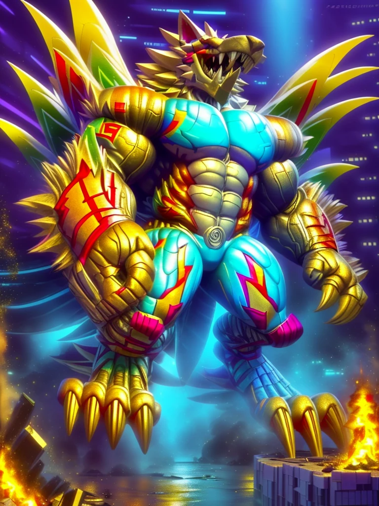 (masterpiece. official art. 8k. best quality. detailed full body. full body.)

(situation 1 : dominating The Phoenix Wolf. The Phoenix Wolf is over 1000 meters long. focus GIANT mechanical Muscular The Phoenix Wolf is trampling the car. Looking down.)

(situation 2 :smoke and flames rising from the destruction in the city)

(Additional details 1: Wearing GOLDEN Armor. Cape. Helmet. real texture material. whole body shines like metal. emphasizes the muscles. suit fully made of metal.Robotic suit).

(Additional details 1.5: The arms are golden. The lower half of the body is golden. The wolf-shaped helmet has sharp fangs. The whole body is golden.).

(Additional details 2: Detailed head. Detailed Body. Detailed abs. gigantic muscles. HYPER MUSCLES. Gigachad Muscular. big muscle. pecs. triceps. traps. unusually developed muscular body. body full of huge muscles. showing off muscles. pectorales enormes. Exaggeratedly huge muscles. huge muscles. long legs.).

(Additional details 3: nj5furry, Spread wings. It has wings. The claws are sharp. Sharp teeth.). He is laughing defiantly. The claws are sharp. Sharp teeth.). He is laughing defiantly.