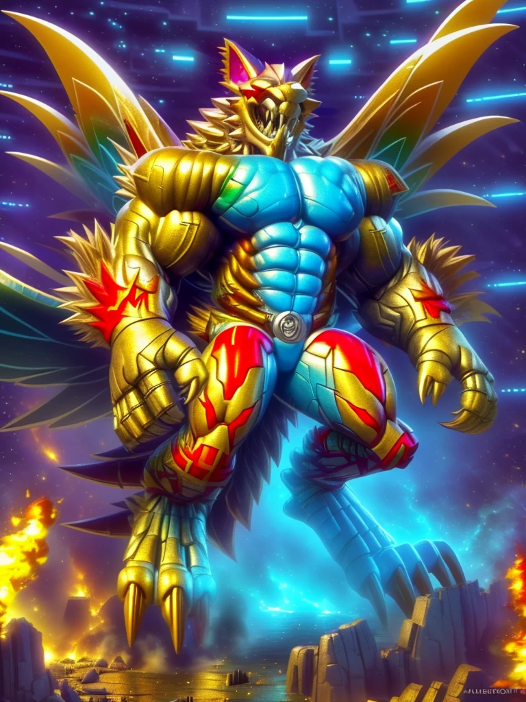 (masterpiece. official art. 8k. best quality. detailed full body. full body.)

(situation 1 : dominating The Phoenix Wolf. The Phoenix Wolf is over 1000 meters long. focus GIANT mechanical Muscular The Phoenix Wolf is trampling the car. Looking down.)

(situation 2 :smoke and flames rising from the destruction in the city)

(Additional details 1: Wearing GOLDEN Armor. Cape. Helmet. real texture material. whole body shines like metal. emphasizes the muscles. suit fully made of metal.Robotic suit).

(Additional details 1.5: The arms are golden. The lower half of the body is golden. The wolf-shaped helmet has sharp fangs. The whole body is golden.).

(Additional details 2: Detailed head. Detailed Body. Detailed abs. gigantic muscles. HYPER MUSCLES. Gigachad Muscular. big muscle. pecs. triceps. traps. unusually developed muscular body. body full of huge muscles. showing off muscles. pectorales enormes. Exaggeratedly huge muscles. huge muscles. long legs.).

(Additional details 3: nj5furry, Spread wings. It has wings. The claws are sharp. Sharp teeth.). He is laughing defiantly. The claws are sharp. Sharp teeth.). He is laughing defiantly.