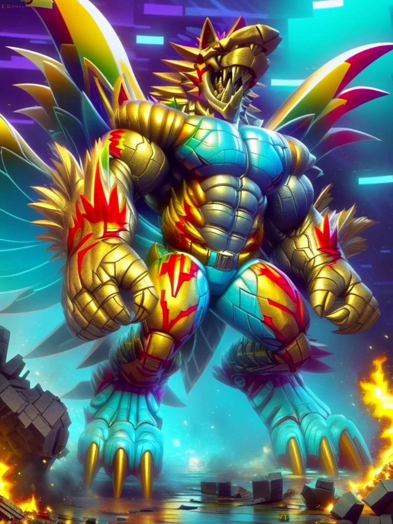 (masterpiece. official art. 8k. best quality. detailed full body. full body.)
(situation 1 : dominating The Phoenix Wolf. The Phoenix Wolf is over 1000 meters long. focus GIANT mechanical Muscular The Phoenix Wolf is trampling the car. Looking down.)
(situation 2 :smoke and flames rising from the destruction in the city)
(Additional details 1: Wearing GOLDEN Armor. Cape. Helmet. real texture material. whole body shines like metal. emphasizes the muscles. suit fully made of metal.Robotic suit).
(Additional details 1.5: The arms are golden. The lower half of the body is golden. The wolf-shaped helmet has sharp fangs. The whole body is golden.).
(Additional details 2: Detailed head. Detailed Body. Detailed abs. gigantic muscles. HYPER MUSCLES. Gigachad Muscular. big muscle. pecs. triceps. traps. unusually developed muscular body. body full of huge muscles. showing off muscles. pectorales enormes. Exaggeratedly huge muscles. huge muscles. long legs.).
(Additional details 3: nj5furry, Spread wings. It has wings. The claws are sharp. Sharp teeth.). He is laughing defiantly. The claws are sharp. Sharp teeth.). He is laughing defiantly.