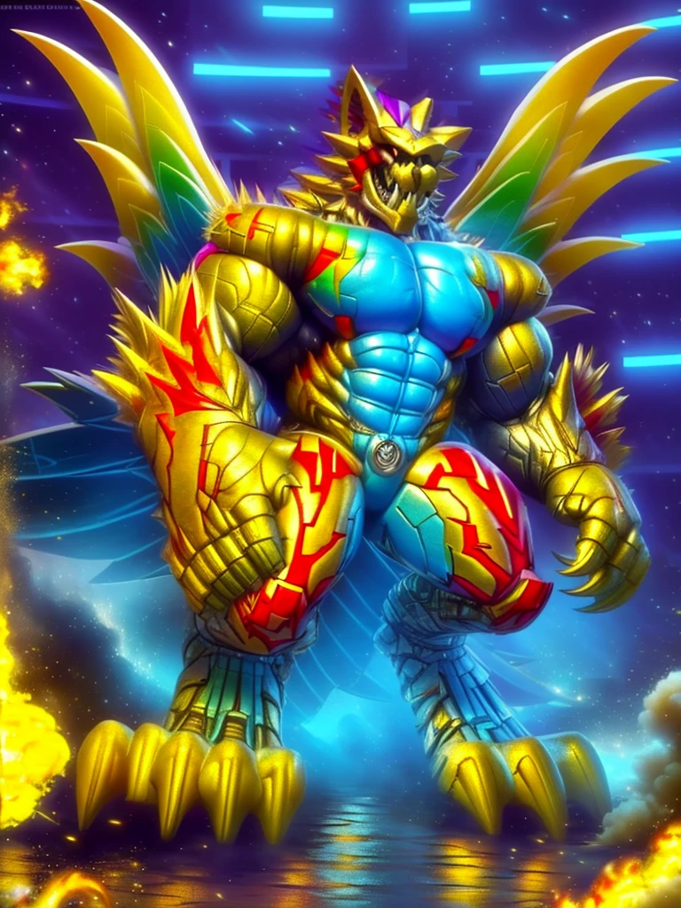 (masterpiece. official art. 8k. best quality. detailed full body. full body.)

(situation 1 : dominating The Phoenix Wolf. The Phoenix Wolf is over 1000 meters long. focus GIANT mechanical Muscular The Phoenix Wolf is trampling the car. Looking down.)

(situation 2 :smoke and flames rising from the destruction in the city)

(Additional details 1: Wearing GOLDEN Armor. Cape. Helmet. real texture material. whole body shines like metal. emphasizes the muscles. suit fully made of metal.Robotic suit).

(Additional details 1.5: The arms are golden. The lower half of the body is golden. The wolf-shaped helmet has sharp fangs. The whole body is golden.).

(Additional details 2: Detailed head. Detailed Body. Detailed abs. gigantic muscles. HYPER MUSCLES. Gigachad Muscular. big muscle. pecs. triceps. traps. unusually developed muscular body. body full of huge muscles. showing off muscles. pectorales enormes. Exaggeratedly huge muscles. huge muscles. long legs.).

(Additional details 3: nj5furry, Spread wings. It has wings. The claws are sharp. Sharp teeth.). He is laughing defiantly. The claws are sharp. Sharp teeth.). He is laughing defiantly.