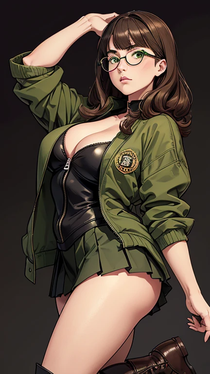1girl, masterpiece, best_quality, highres, 4k image, intricate details, absurdes, vintage comic-style, girl in boring expression, 22-years-old, serious, ((bad_mood)), ((big rounded glasses)), large eyes, straight_hair:0.5, brown haired, bangs, ((green jacket, unzip)), colossal cleavage, arms behind back, pleated miniskirt, perfect legs, black boots, ((plain_background:1.3)), wide angle view,