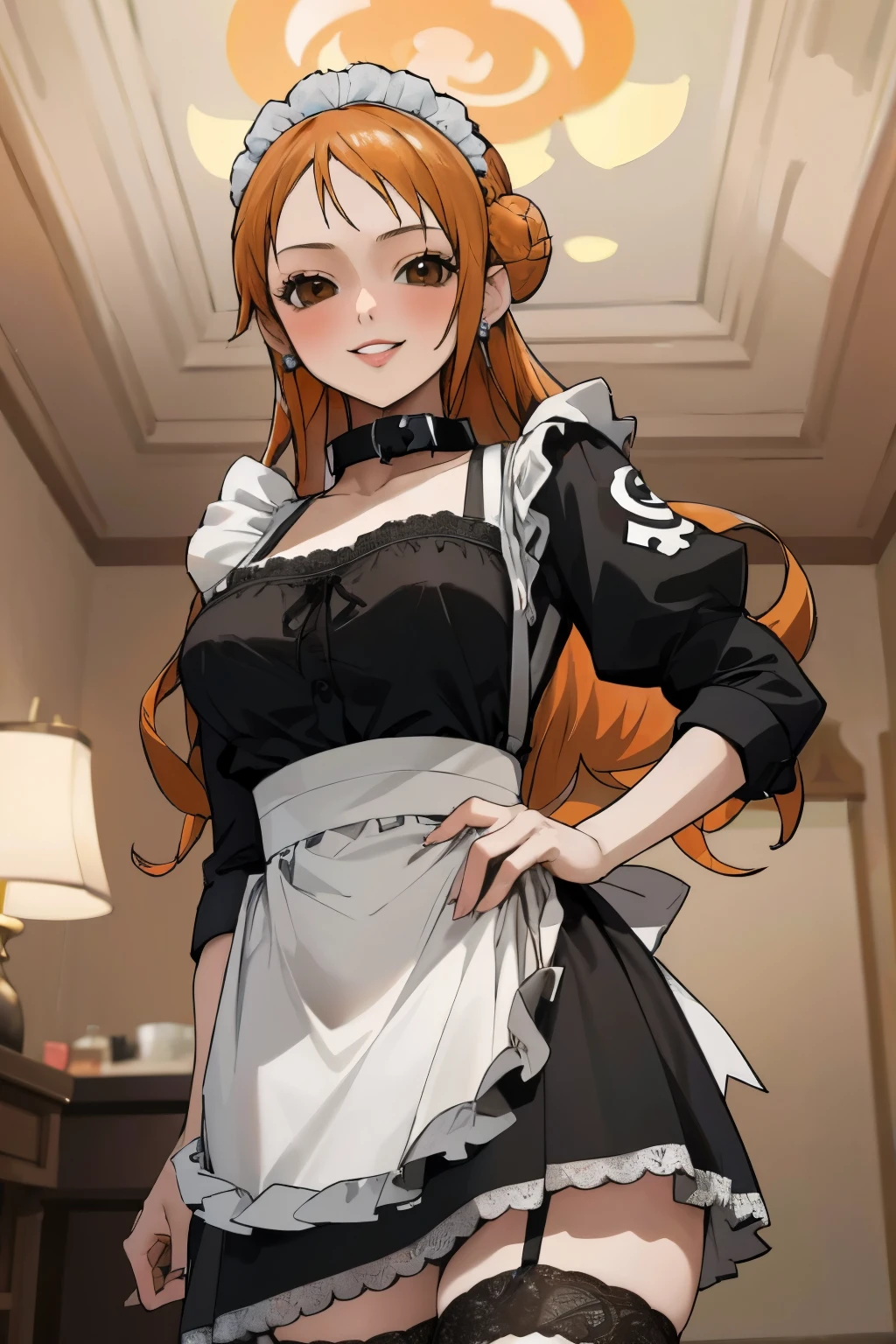 masterpiece, best quality, ultra-detailed, 1girl (namiop, Big and pretty breasts, jewelry, earrings, dog collar, orange hair,  single hair bun, brown eyes), a seductive face, smile, makeup, glow lips, facing viewer, looking at viewer, solo, maid(black), frill, apron, maid headdress, white lace thighhighs, mini skirt, wanostyle, night time, in the livingroom, standing, Sexy waist teasing, from_below 