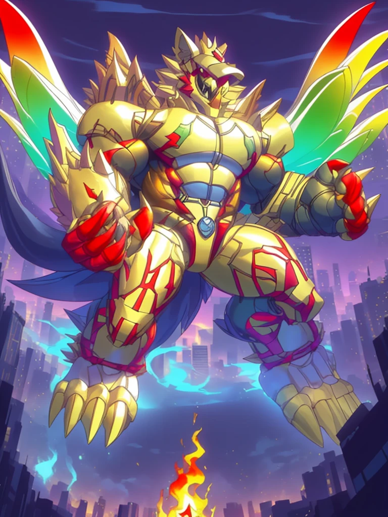 (masterpiece. official art. 8k. best quality. detailed full body. full body.)

(situation 1 : dominating The Phoenix Wolf. The Phoenix Wolf is over 1000 meters long. focus GIANT mechanical Muscular The Phoenix Wolf is trampling the car. Looking down.)

(situation 2 :smoke and flames rising from the destruction in the city)

(Additional details 1: Wearing golden Armor. Cape. Helmet. real texture material. whole body shines like metal. emphasizes the muscles. suit fully made of metal.Robotic suit).

(Additional details 1.5: The arms are golden. The lower half of the body is golden. The wolf-shaped helmet has sharp fangs. The whole body is golden. There is a ring above the head.).

(Additional details 2: Detailed head. Detailed Body. Detailed abs. gigantic muscles. HYPER MUSCLES. Gigachad Muscular. big muscle. pecs. triceps. traps. unusually developed muscular body. body full of huge muscles. showing off muscles. pectorales enormes. Exaggeratedly huge muscles. huge muscles. long legs.).

(Additional details 3:Spread wings. It has wings. The claws are sharp. Sharp teeth.). He is laughing defiantly. The claws are sharp. Sharp teeth.). 

(Additional details 3.5 : nj5furry,  He is laughing defiantly. medieval armor.). 
