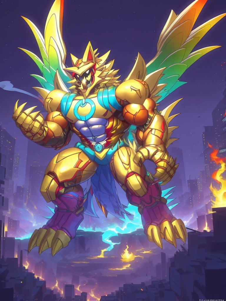 (masterpiece. official art. 8k. best quality. detailed full body. full body.)

(situation 1 : dominating The Phoenix Wolf. The Phoenix Wolf is over 1000 meters long. focus GIANT mechanical Muscular The Phoenix Wolf is trampling the car. Looking down.)

(situation 2 :smoke and flames rising from the destruction in the city)

(Additional details 1: Wearing golden Armor. Cape. Helmet. real texture material. whole body shines like metal. emphasizes the muscles. suit fully made of metal.Robotic suit).

(Additional details 1.5: The arms are golden. The lower half of the body is golden. The wolf-shaped helmet has sharp fangs. The whole body is golden. There is a ring above the head.).

(Additional details 2: Detailed head. Detailed Body. Detailed abs. gigantic muscles. HYPER MUSCLES. Gigachad Muscular. big muscle. pecs. triceps. traps. unusually developed muscular body. body full of huge muscles. showing off muscles. pectorales enormes. Exaggeratedly huge muscles. huge muscles. long legs.).

(Additional details 3:Spread wings. It has wings. The claws are sharp. Sharp teeth.). He is laughing defiantly. The claws are sharp. Sharp teeth.). 

(Additional details 3.5 : nj5furry,  He is laughing defiantly. medieval armor.). 