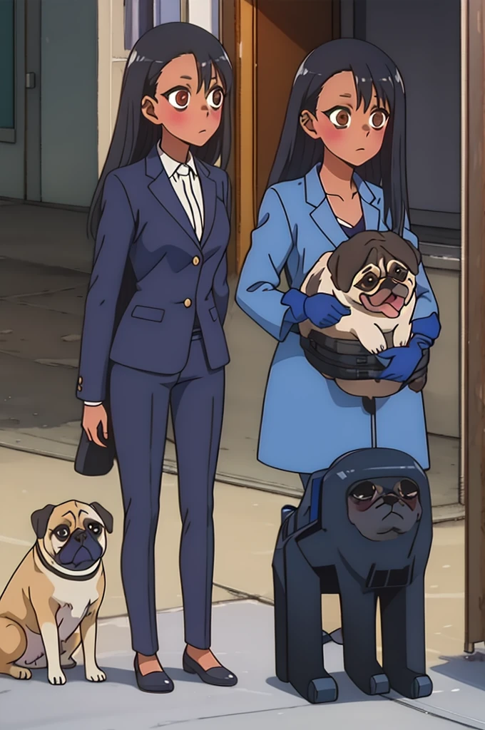Two Tanned girls, dark hair with Violet shine, light brown eyes, Robots under construction, in a Black suit, with a Pug dog and behind a girl who is death.