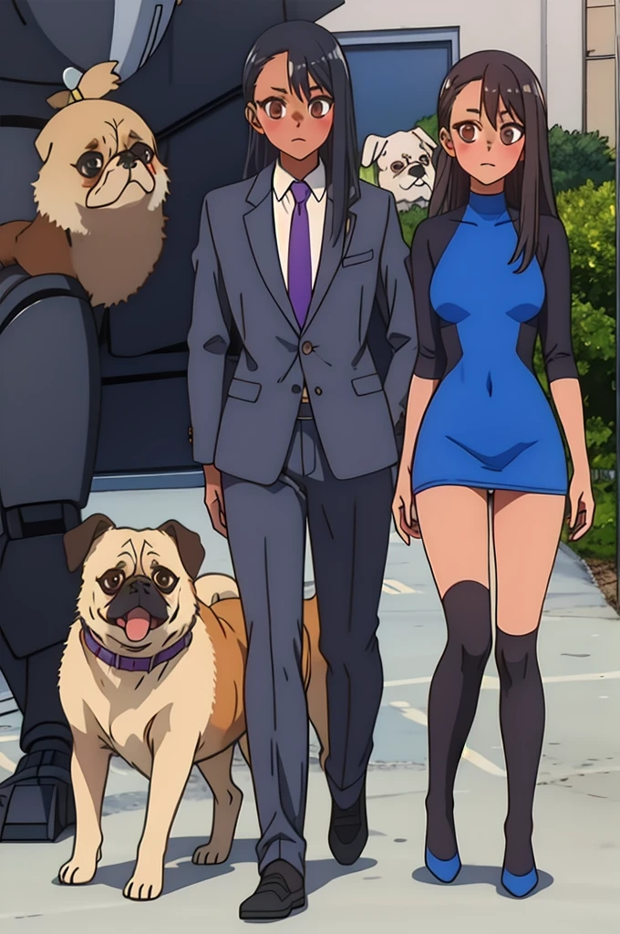 Two Tanned girls, dark hair with Violet shine, light brown eyes, Robots under construction, in a Black suit, with a Pug dog and behind a girl who is death.
