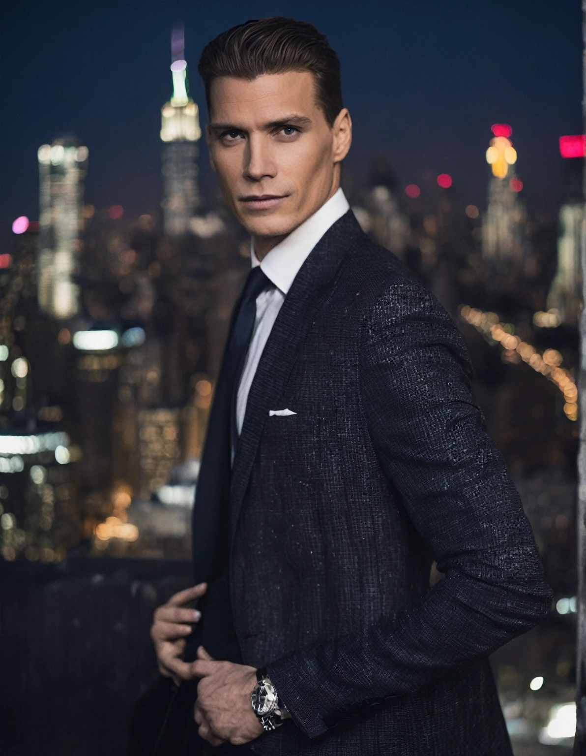 face closeup fit portrait (ah, Woman) a businessman on the roof of a skyscraper in New York (at night:1.1) wearing a fashionable Armani suit, Depth of field, Zeiss lens, 105 mm F2.0, fashion shooting, clean cut fashion,sony a7r, cinematic lighting, city lights, no estilo de Everett Raymond Kinstler