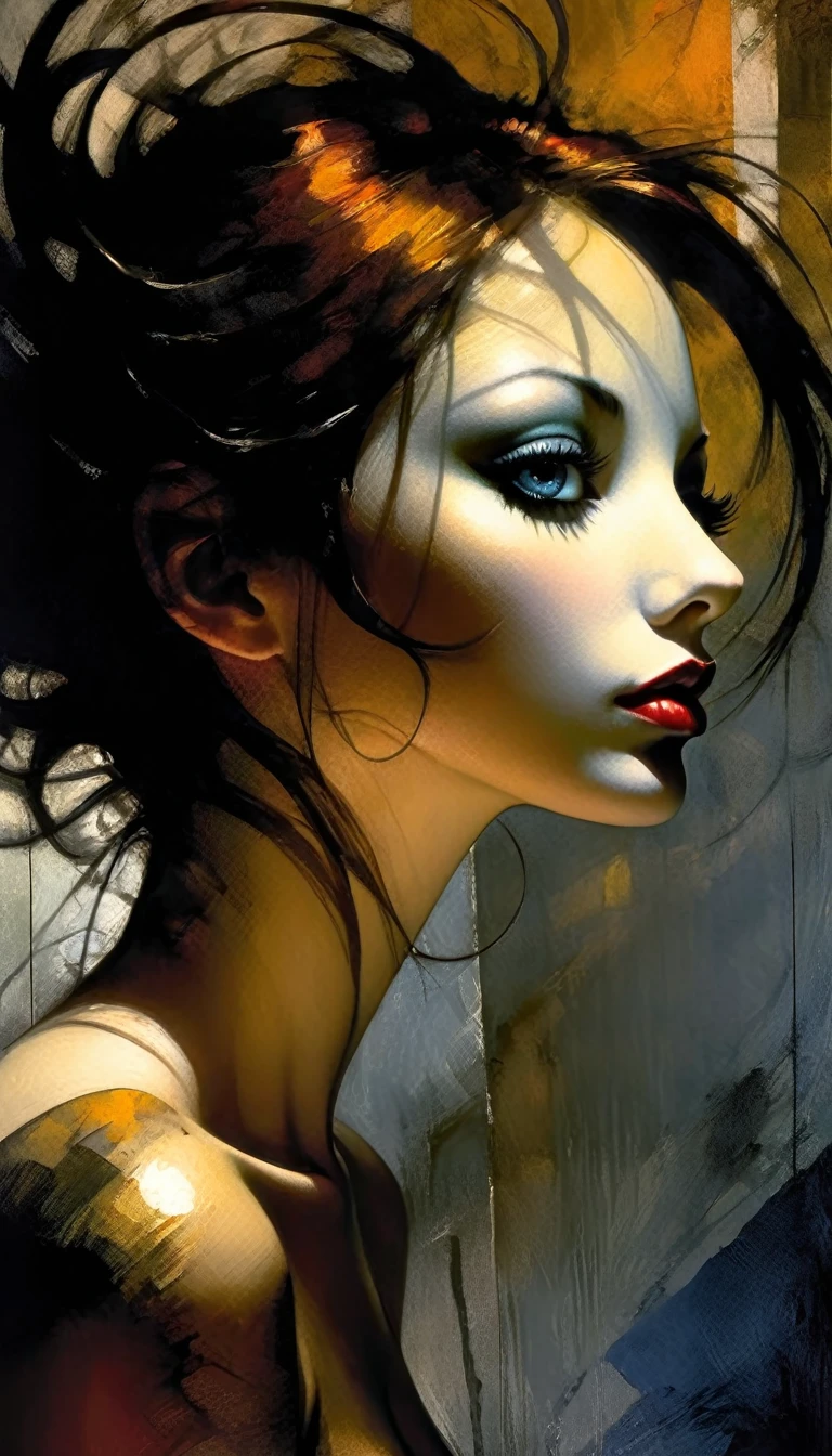 eroticism, sexy, black and white image, between shadows, oil painting, dramatic lighting, dramatic contrast, chiaroscuro, detailed face, sensual expression, elegant pose, female figure, mysterious, moody, cinematic, dark romantic, Bill Sienkiewicz inspired, dark atmosphere, powerful composition, dramatic shadows, high quality, photorealistic, masterpiece (best quality,4k,8k,highres,masterpiece:1.2),ultra-detailed,(realistic,photorealistic,photo-realistic:1.37),intricate details,vivid colors,sharp focus,professional,Dave McKean artwork, oil touch of surrealism,oil painting style,portrait,woman,beautiful detailed eyes,beautiful detailed lips,dreamlike atmosphere,shadow play,soft lighting,playful pose,minimalist room,dark hues,ethereal background,fantasy elements,texture,layered composition.