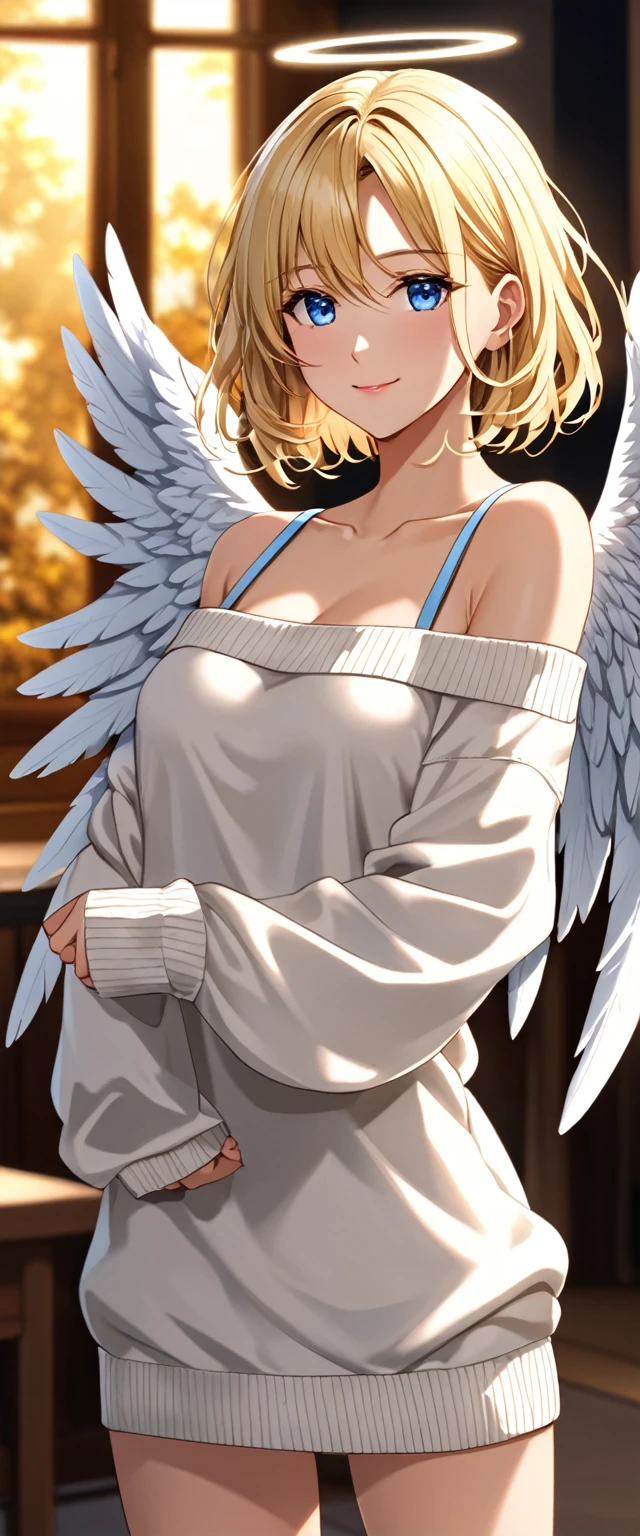 ((angel, big big white wings:1.3, halo:1.3)), ((from above)), (((sunglasses, hand to sunglasses))), (((cowboy shot))), archangel Uriel, ((wavy hair, inward curled hair)), evening, Sunset, ((blond hair, bob cut:1.3)), breasts, ager, (looking at viewer), oversized clothes, puffy long sleeves, ((off-shoulder sweater:1.3, Quite thick shoulder straps)), ((white sweater)), collarbone, head tilt:1.3, (((blue eyes))), ((happy smile)), (((anime style))), (best quality, 4K, 8K, highres, masterpiece:1.2, ultra-detailed, ultra-detailed eyes, HDR, uhd, studio lighting, ultra-fine painting, sharp focus, physically-based rendering, extreme detail description, professional, vivid colors, bokeh)