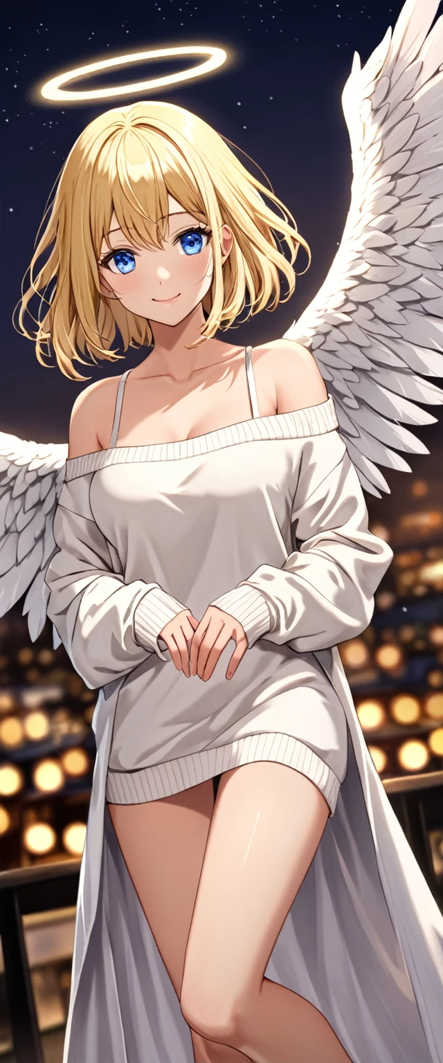 ((angel, big big white wings:1.3, halo:1.3)), (((full body))), ((flying)), archangel Uriel, ((wavy hair, outward curled hair)), evening, Sunset, ((blond hair, bob cut:1.3)), breasts, teenager, (looking at viewer), oversized clothes, puffy long sleeves, collarbone, ((off-shoulder sweater dress:1.3, Quite thick shoulder straps)), (((sleeves past wrists:1.3))), ((white sweater)), collarbone, head tilt:1.3, (((blue eyes))), ((happy smile)), (((anime style))), (best quality, 4K, 8K, highres, masterpiece:1.2, ultra-detailed, ultra-detailed eyes, HDR, uhd, studio lighting, ultra-fine painting, sharp focus, physically-based rendering, extreme detail description, professional, vivid colors, bokeh), ((Highest quality, Best image quality, Ultra-high resolution, Ultra-high resolution, solo, Strong eye highlights)), Depth of written boundary, Natural soft light, attractive, Beautiful Face, Cleanliness, Pure Face, medium chest, Beautiful Face, Perfect Fingers, Perfect hands, Perfect body, Perfect Face, Shine a light into your eyes, Perfect Anatomy