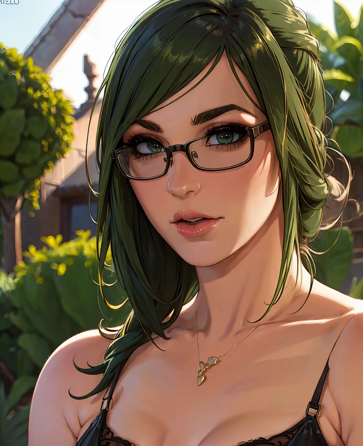 a beautiful young woman with green hair, glasses, seductive expression, wearing a revealing outfit, detailed facial features, detailed body, intricate clothing, outdoor garden setting, warm lighting, photorealistic, highly detailed, vibrant colors, masterpiece, (best quality,4k,8k,highres,masterpiece:1.2),ultra-detailed,(realistic,photorealistic,photo-realistic:1.37),detailed eyes,detailed lips,extremely detailed face,longeyelashes,1girl