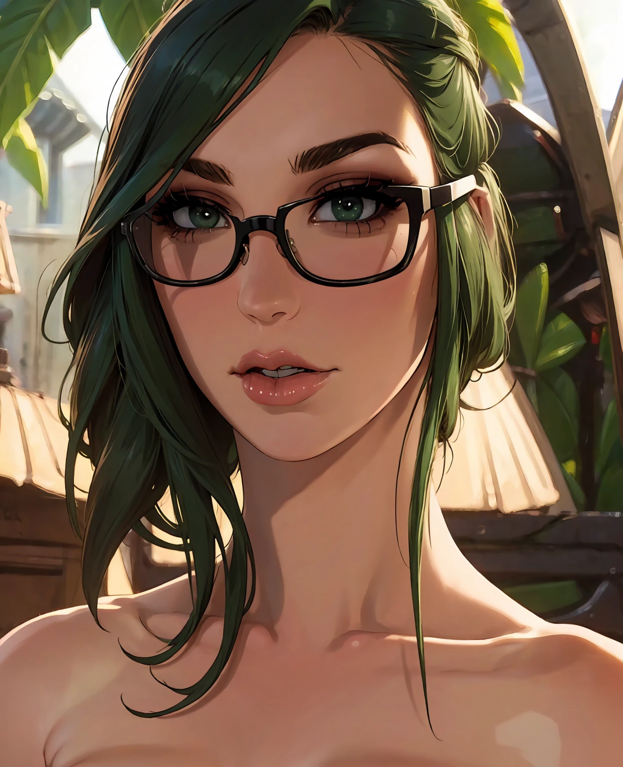 a beautiful young woman with green hair, glasses, seductive expression, wearing a revealing outfit, detailed facial features, detailed body, intricate clothing, outdoor garden setting, warm lighting, photorealistic, highly detailed, vibrant colors, masterpiece, (best quality,4k,8k,highres,masterpiece:1.2),ultra-detailed,(realistic,photorealistic,photo-realistic:1.37),detailed eyes,detailed lips,extremely detailed face,longeyelashes,1girl
