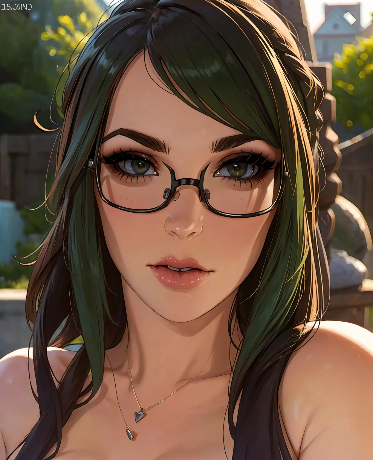 a beautiful young woman with green hair, glasses, seductive expression, wearing a revealing outfit, detailed facial features, detailed body, intricate clothing, outdoor garden setting, warm lighting, photorealistic, highly detailed, vibrant colors, masterpiece, (best quality,4k,8k,highres,masterpiece:1.2),ultra-detailed,(realistic,photorealistic,photo-realistic:1.37),detailed eyes,detailed lips,extremely detailed face,longeyelashes,1girl
