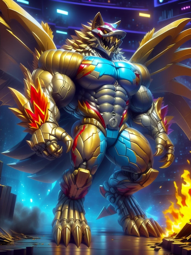 (masterpiece. official art. 8k. best quality. detailed full body. full body.)
(situation 1 : dominating The Phoenix Wolf. The Phoenix Wolf is over 1000 meters long. focus GIANT mechanical Muscular The Phoenix Wolf is trampling the car. Looking down.)
(situation 2 :smoke and flames rising from the destruction in the city)
(Additional details 1: Wearing golden Armor. Cape. Helmet. real texture material. whole body shines like metal. emphasizes the muscles. suit fully made of metal.Robotic suit).
(Additional details 1.5: The arms are golden. The lower half of the body is golden. The wolf-shaped helmet has sharp fangs. The whole body is golden.).
(Additional details 2: Detailed head. Detailed Body. Detailed abs. gigantic muscles. HYPER MUSCLES. Gigachad Muscular. big muscle. pecs. triceps. traps. unusually developed muscular body. body full of huge muscles. showing off muscles. pectorales enormes. Exaggeratedly huge muscles. huge muscles. long legs.).
(Additional details 3:Spread wings. It has wings. The claws are sharp. Sharp teeth.). He is laughing defiantly. The claws are sharp. Sharp teeth.).
(Additional details 3.5 : nj5furry, He is laughing defiantly. medieval armor.).