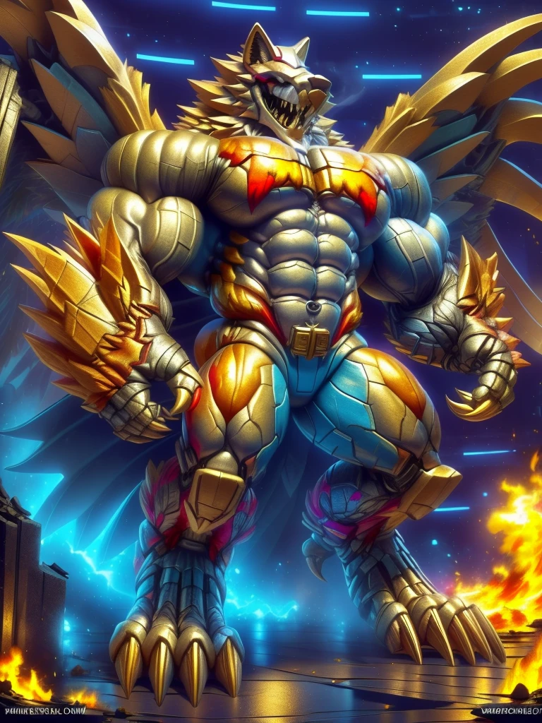 (masterpiece. official art. 8k. best quality. detailed full body. full body.)
(situation 1 : dominating The Phoenix Wolf. The Phoenix Wolf is over 1000 meters long. focus GIANT mechanical Muscular The Phoenix Wolf is trampling the car. Looking down.)
(situation 2 :smoke and flames rising from the destruction in the city)
(Additional details 1: Wearing golden Armor. Cape. Helmet. real texture material. whole body shines like metal. emphasizes the muscles. suit fully made of metal.Robotic suit).
(Additional details 1.5: The arms are golden. The lower half of the body is golden. The wolf-shaped helmet has sharp fangs. The whole body is golden.).
(Additional details 2: Detailed head. Detailed Body. Detailed abs. gigantic muscles. HYPER MUSCLES. Gigachad Muscular. big muscle. pecs. triceps. traps. unusually developed muscular body. body full of huge muscles. showing off muscles. pectorales enormes. Exaggeratedly huge muscles. huge muscles. long legs.).
(Additional details 3:Spread wings. It has wings. The claws are sharp. Sharp teeth.). He is laughing defiantly. The claws are sharp. Sharp teeth.).
(Additional details 3.5 : nj5furry, He is laughing defiantly. medieval armor.).