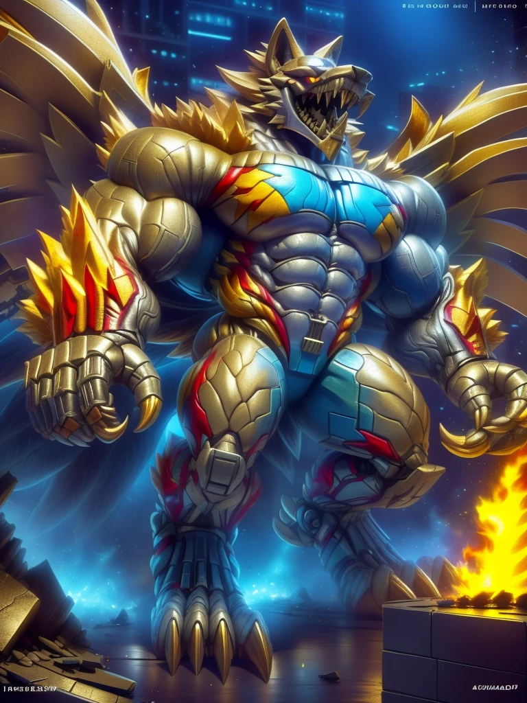 (masterpiece. official art. 8k. best quality. detailed full body. full body.)
(situation 1 : dominating The Phoenix Wolf. The Phoenix Wolf is over 1000 meters long. focus GIANT mechanical Muscular The Phoenix Wolf is trampling the car. Looking down.)
(situation 2 :smoke and flames rising from the destruction in the city)
(Additional details 1: Wearing golden Armor. Cape. Helmet. real texture material. whole body shines like metal. emphasizes the muscles. suit fully made of metal.Robotic suit).
(Additional details 1.5: The arms are golden. The lower half of the body is golden. The wolf-shaped helmet has sharp fangs. The whole body is golden.).
(Additional details 2: Detailed head. Detailed Body. Detailed abs. gigantic muscles. HYPER MUSCLES. Gigachad Muscular. big muscle. pecs. triceps. traps. unusually developed muscular body. body full of huge muscles. showing off muscles. pectorales enormes. Exaggeratedly huge muscles. huge muscles. long legs.).
(Additional details 3:Spread wings. It has wings. The claws are sharp. Sharp teeth.). He is laughing defiantly. The claws are sharp. Sharp teeth.).
(Additional details 3.5 : nj5furry, He is laughing defiantly. medieval armor.).