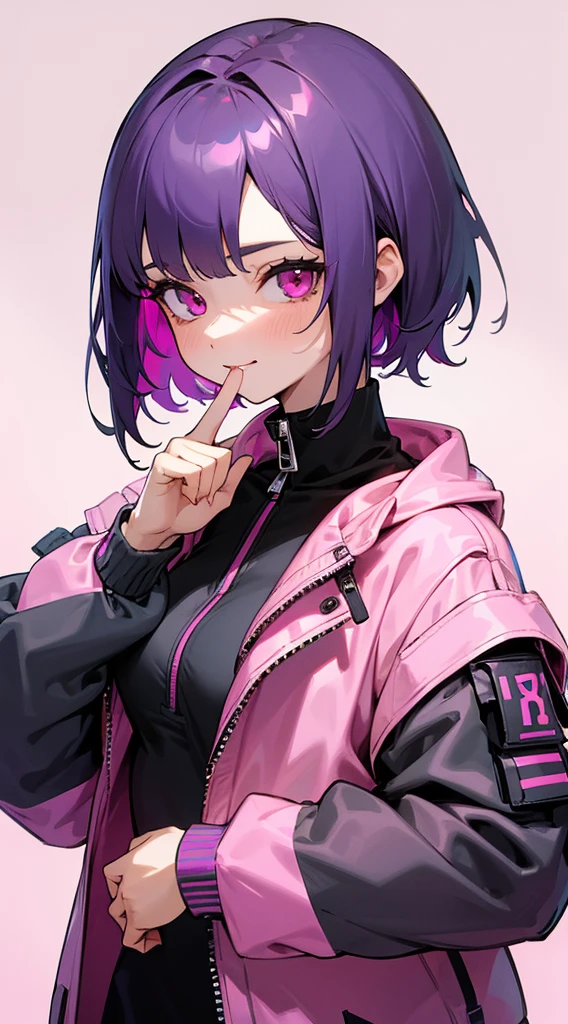 Top Quality, 8K, 4K, High Definition, Detail, (better-quality, 8K, 12), top-quality, 1 girl、only showing her face, she has purple hair, wearing a yellow pin in her right side of her hair, she has her hands together, she looking at you, she is smiling at you, medium breast, her jacket color dark gray with a pink zipper, pink eyes, showing her face and chesat, short hair long as her neck,
(only showing half of her body)