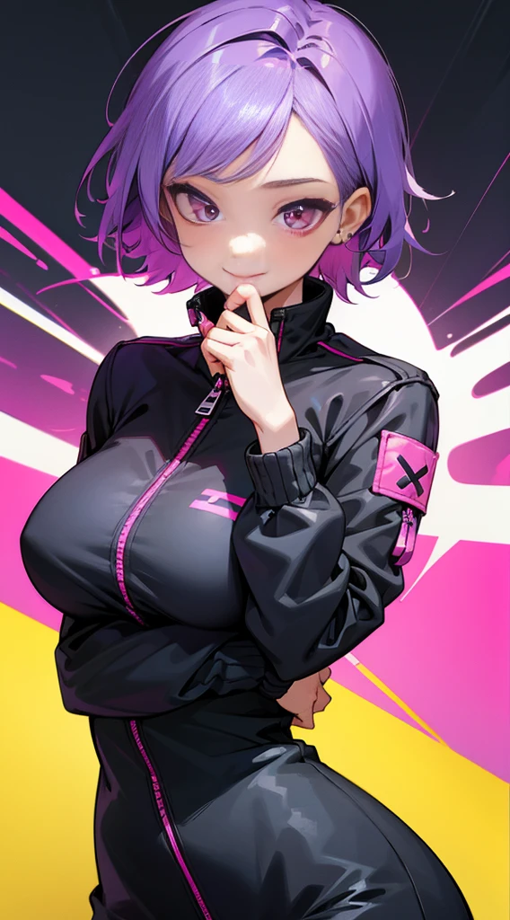 Top Quality, 8K, 4K, High Definition, Detail, (better-quality, 8K, 12), top-quality, 1 girl、only showing her face, she has purple hair, wearing a yellow pin in her right side of her hair, she has her hands together, she looking at you, she is smiling at you, medium breast, her jacket color dark gray with a pink zipper, pink eyes, showing her face and chesat, short hair long as her neck,
(only showing half of her body)