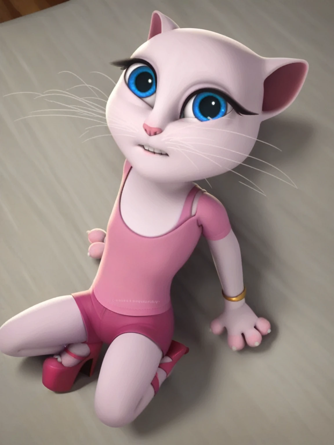 solo focus, a_la, 1girl, cat, white fur, long whiskers on both sides of the face, big bright blue eyes, big black eyelashes, small pink nose, triangular ears with pink ducts, small breasts, lying on the bed on the floor, opening her ass, looking at the viewer, legs on top rapes at sixty intervals, platform high heels, score_9, score_8_up, score_7_up