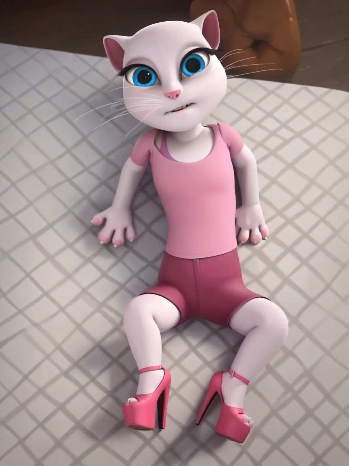 solo focus, a_la, 1girl, cat, white fur, long whiskers on both sides of the face, big bright blue eyes, big black eyelashes, small pink nose, triangular ears with pink ducts, small breasts, lying on the bed on the floor, opening her ass, looking at the viewer, legs on top rapes at sixty intervals, platform high heels, score_9, score_8_up, score_7_up