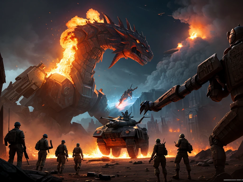 a group of soldiers and a giant robot battling a huge kaiju, fps game concept art, epic fantasy sci fi illustration, sergey kolesov concept art, jessica rossier fantasy art, concept art 4 k, concept art 4k, epic digital concept art, concept art wallpaper 4k, futuristic tank is on fire, concept art for a video game
