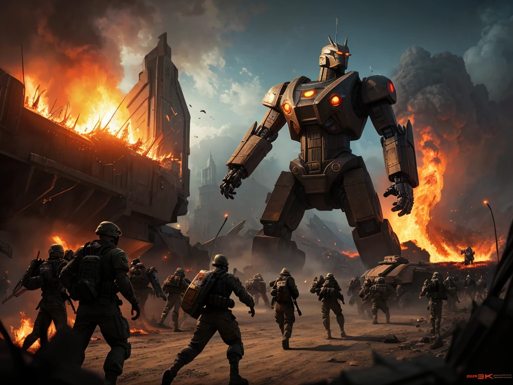 a group of soldiers and a giant robot battling a huge kaiju, fps game concept art, epic fantasy sci fi illustration, sergey kolesov concept art, jessica rossier fantasy art, concept art 4 k, concept art 4k, epic digital concept art, concept art wallpaper 4k, futuristic tank is on fire, concept art for a video game
