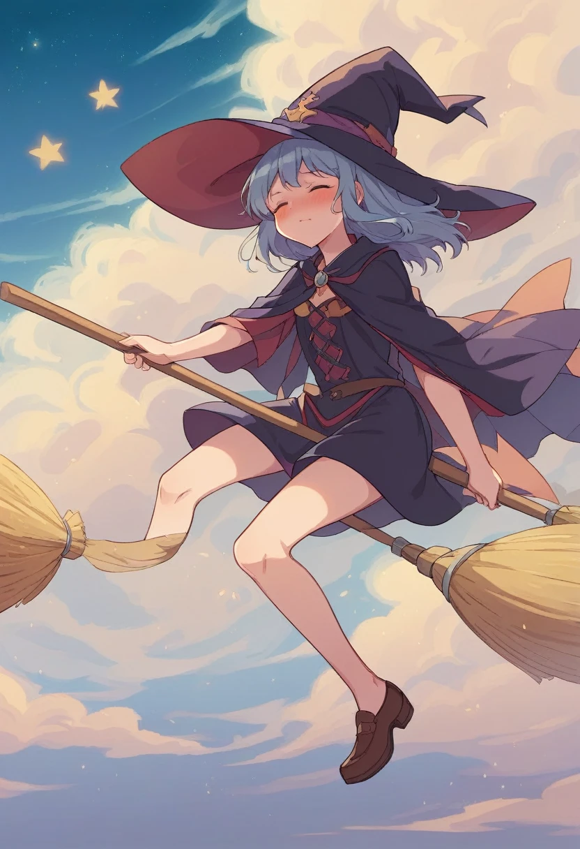((((空を飛ぶwitch))),((Ride a broom)),Straddling a broom,Fantasy,Beautiful light and shadow,Anatomically correct,masterpiece,Highest quality,最高masterpiece,8K,Use of magic,witch:witchの帽子:witchの衣装:Familiar,Wind,Fantasy,wonderful,An illustration,Digital Art,wonderful,wonderful,カラーAn illustration,Rich colors,Blushing,Eyes closed,Mouth closed,Holding the broom tightly with both hands