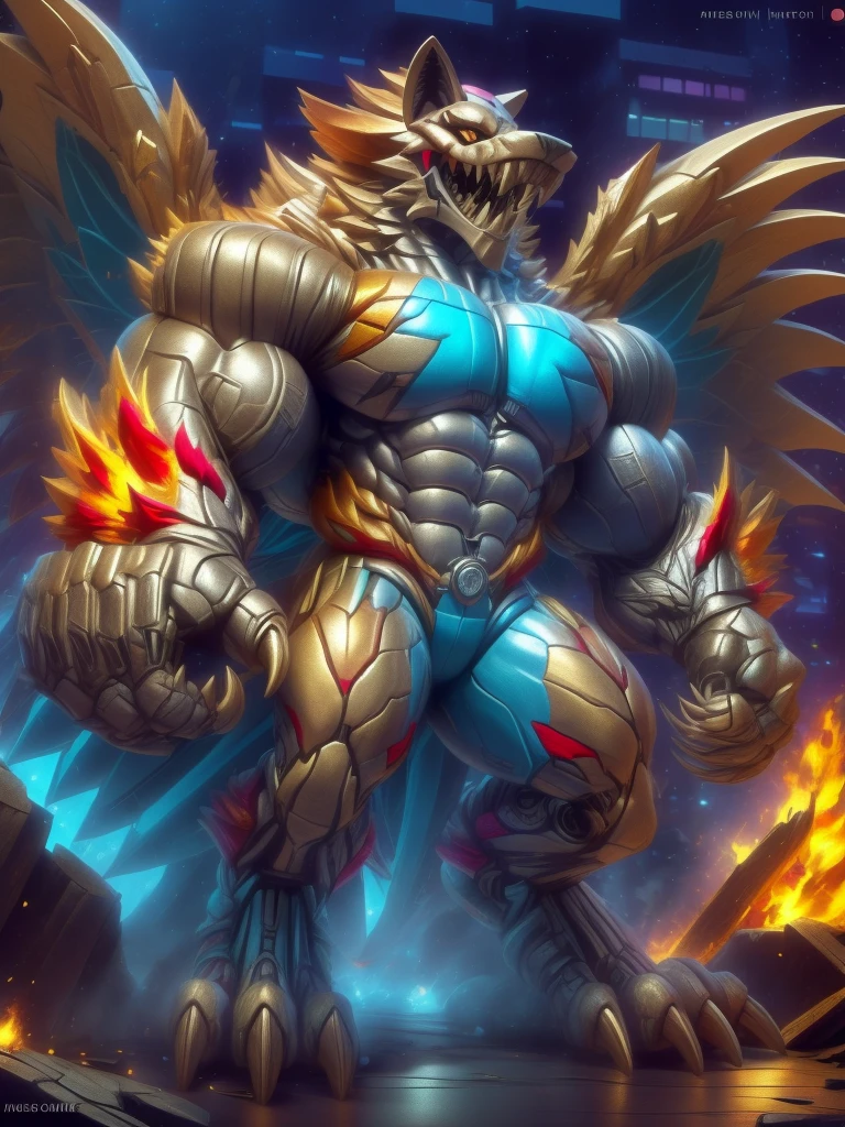 (masterpiece. official art. 8k. best quality. detailed full body. full body.)

(situation 1 : dominating The Phoenix Wolf. The Phoenix Wolf is over 1000 meters long. focus GIANT mechanical Muscular The Phoenix Wolf is trampling the car. Looking down.)

(situation 2 :smoke and flames rising from the destruction in the city)

(Additional details 1: Wearing golden Armor. Cape. Helmet. real texture material. whole body shines like metal. emphasizes the muscles. suit fully made of metal.Robotic suit).

(Additional details 1.5: The arms are golden. The lower half of the body is golden. The wolf-shaped helmet has sharp fangs. The whole body is golden.).

(Additional details 2: Detailed head. Detailed Body. Detailed abs. gigantic muscles. HYPER MUSCLES. Gigachad Muscular. big muscle. pecs. triceps. traps. unusually developed muscular body. body full of huge muscles. showing off muscles. pectorales enormes. Exaggeratedly huge muscles. huge muscles. long legs.).

(Additional details 3:Spread wings. It has wings. The claws are sharp. Sharp teeth.). He is laughing defiantly. The claws are sharp. Sharp teeth.). 

(Additional details 3.5 : nj5furry,  He is laughing defiantly. medieval armor.). 