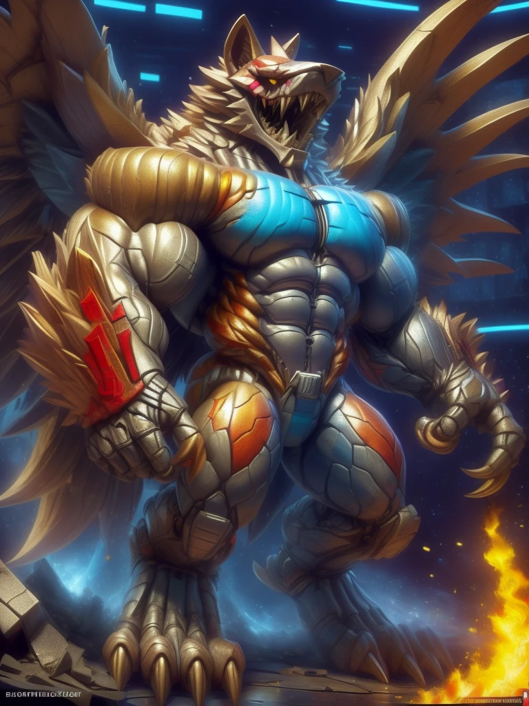 (masterpiece. official art. 8k. best quality. detailed full body. full body.)
(situation 1 : dominating The Phoenix Wolf. The Phoenix Wolf is over 1000 meters long. focus GIANT mechanical Muscular The Phoenix Wolf is trampling the car. Looking down.)
(situation 2 :smoke and flames rising from the destruction in the city)
(Additional details 1: Wearing golden Armor. Cape. Helmet. real texture material. whole body shines like metal. emphasizes the muscles. suit fully made of metal.Robotic suit).
(Additional details 1.5: The arms are golden. The lower half of the body is golden. The wolf-shaped helmet has sharp fangs. The whole body is golden.).
(Additional details 2: Detailed head. Detailed Body. Detailed abs. gigantic muscles. HYPER MUSCLES. Gigachad Muscular. big muscle. pecs. triceps. traps. unusually developed muscular body. body full of huge muscles. showing off muscles. pectorales enormes. Exaggeratedly huge muscles. huge muscles. long legs.).
(Additional details 3:Spread wings. It has wings. The claws are sharp. Sharp teeth.). He is laughing defiantly. The claws are sharp. Sharp teeth.).
(Additional details 3.5 : nj5furry, He is laughing defiantly. medieval armor.).