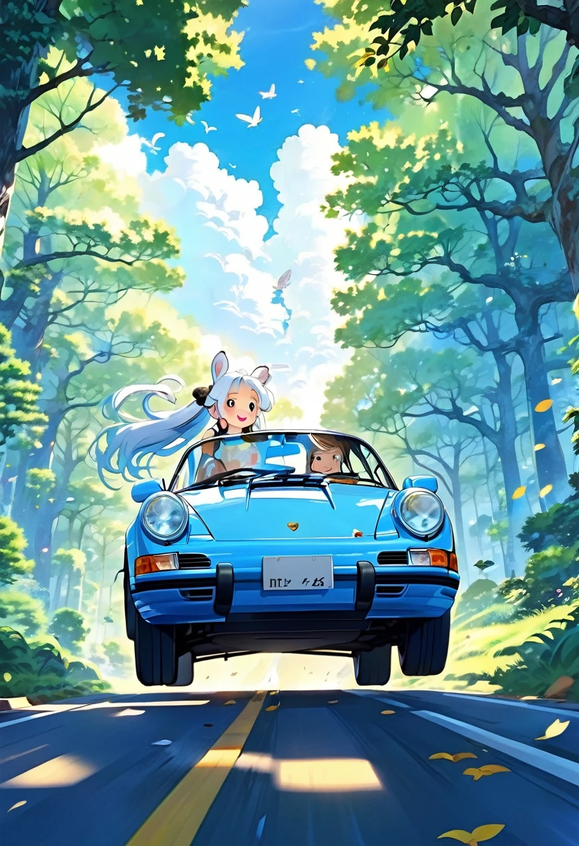 Drive a white Porsche through lush forests、Blue long hair、Beautiful girl with twin tails、Splash art that makes you feel the wind、blue sky、White cloud、Bright smile、Friends of the Forest、squirrel、rabbit、owl