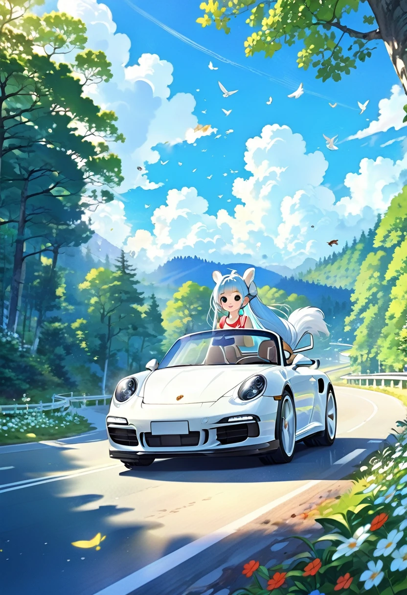 Drive a white Porsche through lush forests、Blue long hair、Beautiful girl with twin tails、Splash art that makes you feel the wind、blue sky、White cloud、Bright smile、Friends of the Forest、squirrel、rabbit、owl