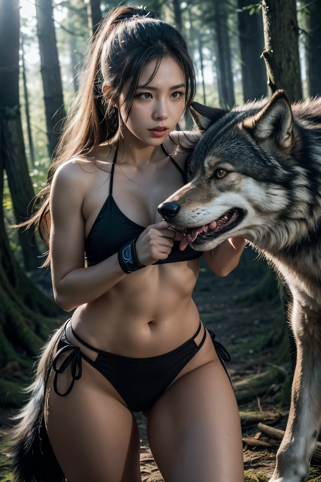 1 girl, realisitic, Raw photo, japanaese girl, (fullnude:1.9), (Beautiful and cute face:1.4), 18year old, bobhair, Black hair、(Crucifixion in the wilderness where wolves swarm:1.7)、 (Binding limbs to the cross with barbed wire:1.5), not any dressed