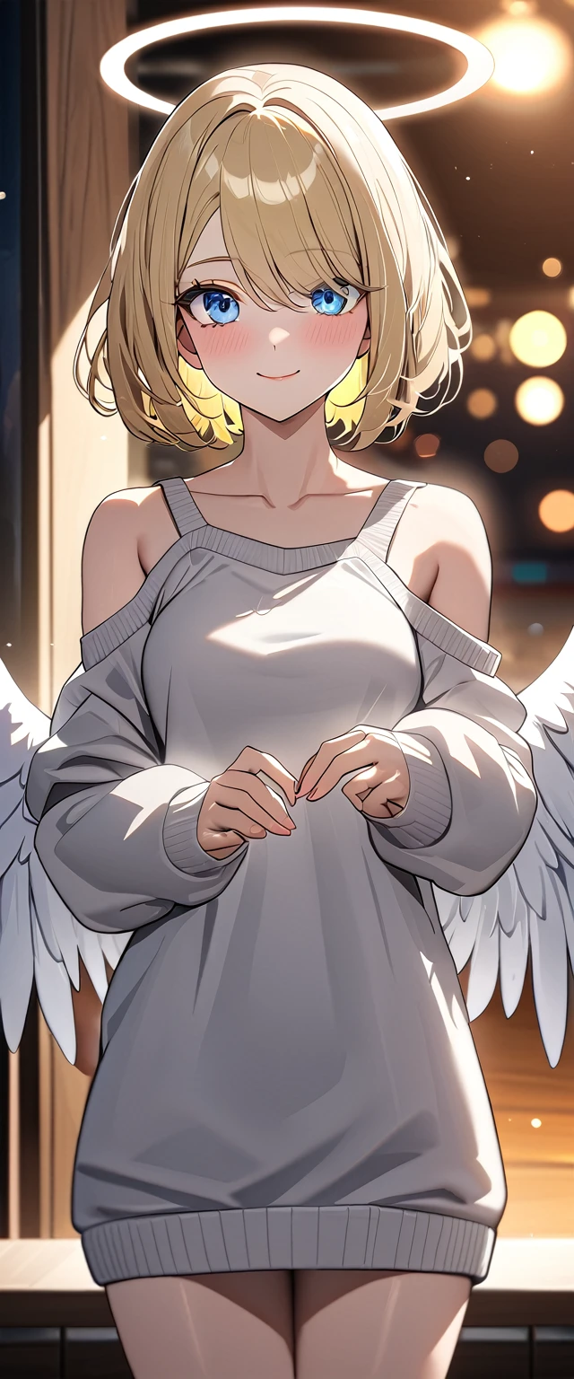 ((angel, big big white wings:1.3, halo:1.3)), (((cowboy shot))), ((flying)), archangel Uriel, ((wavy hair, outward curled hair)), evening, Sunset, ((blond hair, bob cut:1.3)), breasts, teenager, (looking at viewer), oversized clothes, puffy long sleeves, collarbone, ((off-shoulder sweater dress:1.3, Quite thick shoulder straps)), (((sleeves past wrists:1.3))), ((white sweater)), collarbone, head tilt:1.3, (((blue eyes))), ((happy smile)), (((anime style))), (best quality, 4K, 8K, highres, masterpiece:1.2, ultra-detailed, ultra-detailed eyes, HDR, uhd, studio lighting, ultra-fine painting, sharp focus, physically-based rendering, extreme detail description, professional, vivid colors, bokeh), ((Highest quality, Best image quality, Ultra-high resolution, Ultra-high resolution, solo, Strong eye highlights)), Depth of written boundary, Natural soft light, attractive, Beautiful Face, Cleanliness, Pure Face, medium chest, Beautiful Face, Perfect Fingers, Perfect hands, Perfect body, Perfect Face, Shine a light into your eyes, Perfect Anatomy