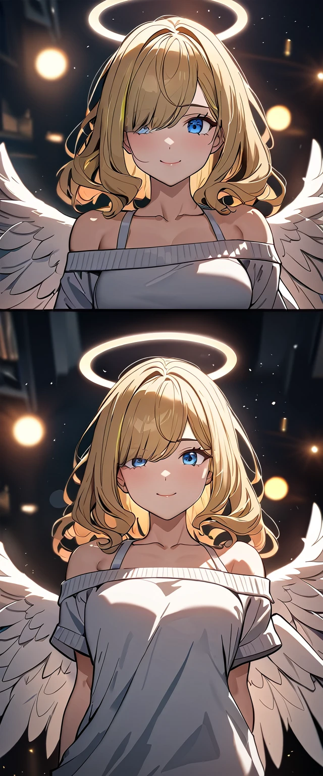 ((angel, big big white wings:1.3, halo:1.3)), (((cowboy shot))), ((flying)), archangel Uriel, ((wavy hair, outward curled hair)), evening, Sunset, ((blond hair, bob cut:1.3)), breasts, teenager, (looking at viewer), oversized clothes, puffy long sleeves, collarbone, ((off-shoulder sweater dress:1.3, Quite thick shoulder straps)), (((sleeves past wrists:1.3))), ((white sweater)), collarbone, head tilt:1.3, (((blue eyes))), ((happy smile)), (((anime style))), (best quality, 4K, 8K, highres, masterpiece:1.2, ultra-detailed, ultra-detailed eyes, HDR, uhd, studio lighting, ultra-fine painting, sharp focus, physically-based rendering, extreme detail description, professional, vivid colors, bokeh), ((Highest quality, Best image quality, Ultra-high resolution, Ultra-high resolution, solo, Strong eye highlights)), Depth of written boundary, Natural soft light, attractive, Beautiful Face, Cleanliness, Pure Face, medium chest, Beautiful Face, Perfect Fingers, Perfect hands, Perfect body, Perfect Face, Shine a light into your eyes, Perfect Anatomy