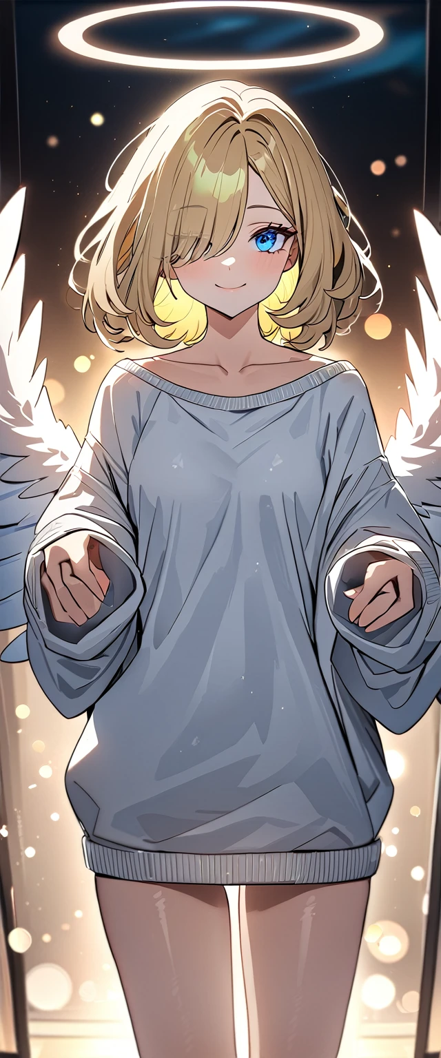 ((angel, big big white wings:1.3, halo:1.3)), (((cowboy shot))), ((flying)), archangel Uriel, ((wavy hair, outward curled hair)), evening, Sunset, ((blond hair, bob cut:1.3)), breasts, teenager, (looking at viewer), oversized clothes, puffy long sleeves, collarbone, ((off-shoulder sweater dress:1.3, Quite thick shoulder straps)), (((sleeves past wrists:1.3))), ((white sweater)), collarbone, head tilt:1.3, (((blue eyes))), ((happy smile)), (((anime style))), (best quality, 4K, 8K, highres, masterpiece:1.2, ultra-detailed, ultra-detailed eyes, HDR, uhd, studio lighting, ultra-fine painting, sharp focus, physically-based rendering, extreme detail description, professional, vivid colors, bokeh), ((Highest quality, Best image quality, Ultra-high resolution, Ultra-high resolution, solo, Strong eye highlights)), Depth of written boundary, Natural soft light, attractive, Beautiful Face, Cleanliness, Pure Face, medium chest, Beautiful Face, Perfect Fingers, Perfect hands, Perfect body, Perfect Face, Shine a light into your eyes, Perfect Anatomy