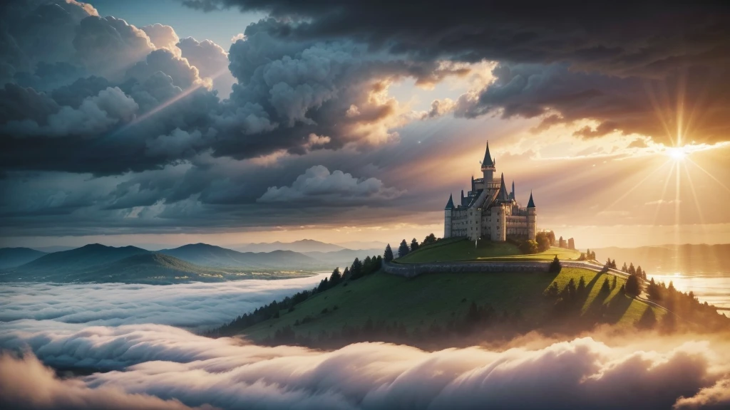 create a rainy landscape where there is a man flying with open arms in the middle of the landscape and in the very distant background there is a castle surrounded by white clouds with sun rays coming out from behind the castle