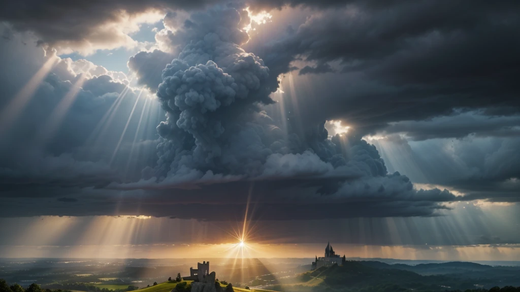create a rainy landscape where there is a man flying with open arms in the middle of the landscape and in the very distant background there is a castle surrounded by white clouds with sun rays coming out from behind the castle