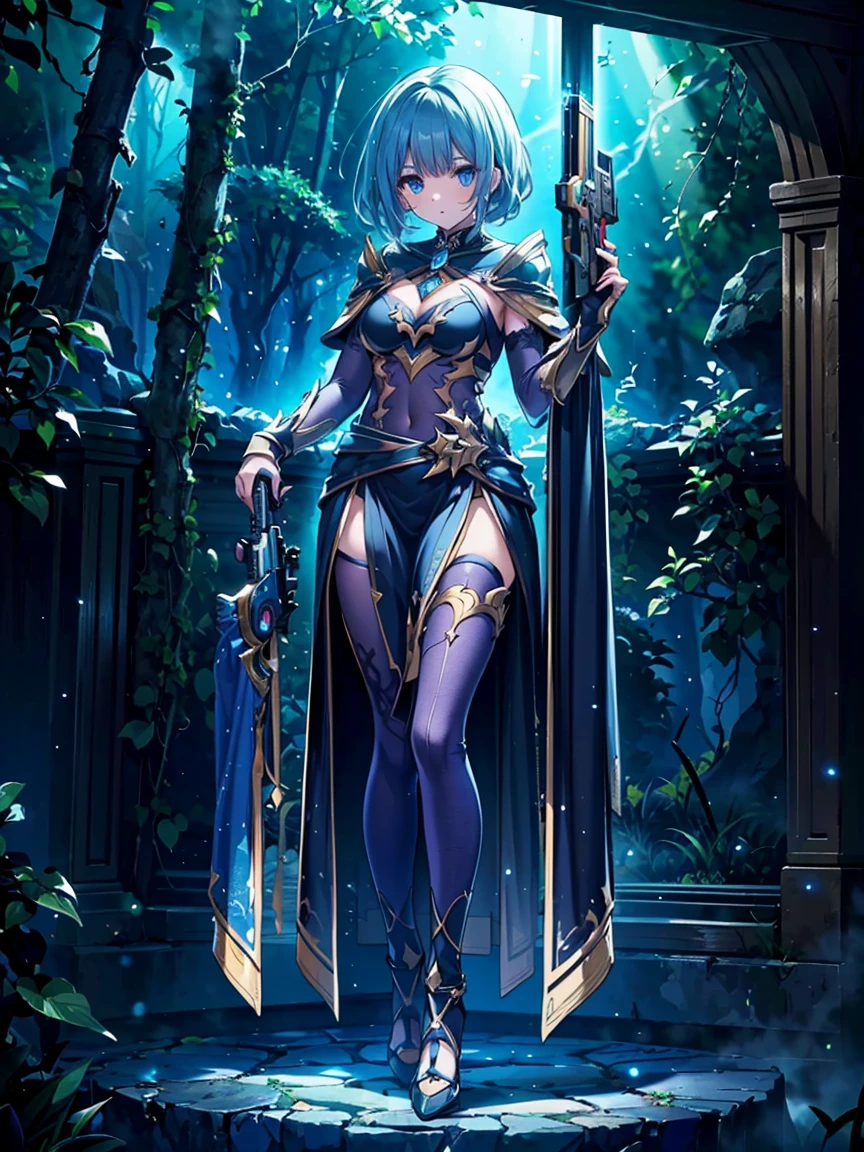 Design a Game Character Showcase Design., (1 girl).
Dorado|purple clothes, elegant and unique.
((display gun:1.4)), Magic stick.
(Masterpiece:1.2), (Best Quality), 4k, ultra detailed.
(Step by step design, design art:1.5), (luminous lighting, atmospheric lighting).
dry, ((glove full hands)), (((revealing outfit:1.3))), forearms, armored leggings, (((full_body_shooting:1.4))).
{in a mystical forest|On a magical battlefield}.