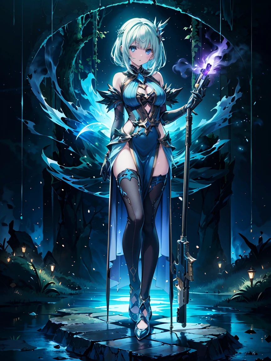 Design a Game Character Showcase Design., (1 girl).
Dorado|purple clothes, elegant and unique.
((display gun:1.4)), Magic stick.
(Masterpiece:1.2), (Best Quality), 4k, ultra detailed.
(Step by step design, design art:1.5), (luminous lighting, atmospheric lighting).
dry, ((glove full hands)), (((revealing outfit:1.3))), forearms, armored leggings, (((full_body_shooting:1.4))).
{in a mystical forest|On a magical battlefield}.