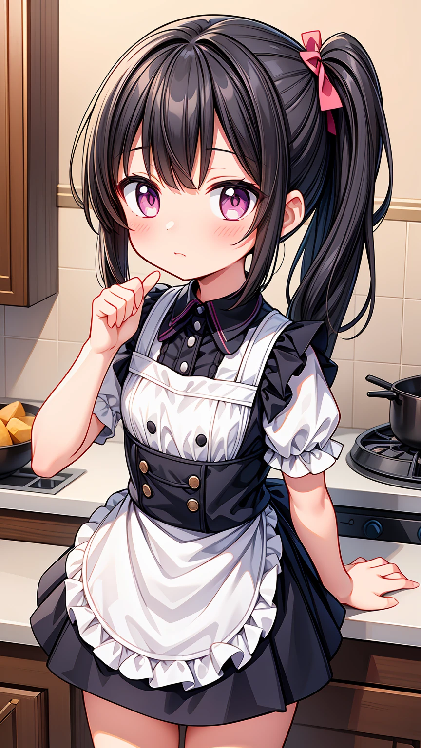 (8K, Highest image quality, highest quality, masterpiece, dynamic lighting), detailed face, ((loli)), ((girl)), (little curve), short black hair, one side ponytail hairstyle, pink eyes, ((very small bust)), (apron), happy, cowboy shot, kitchen background, ((very blushing)), ((detailed hands and fingers)), viewer perspective from below, (blush), more detailed