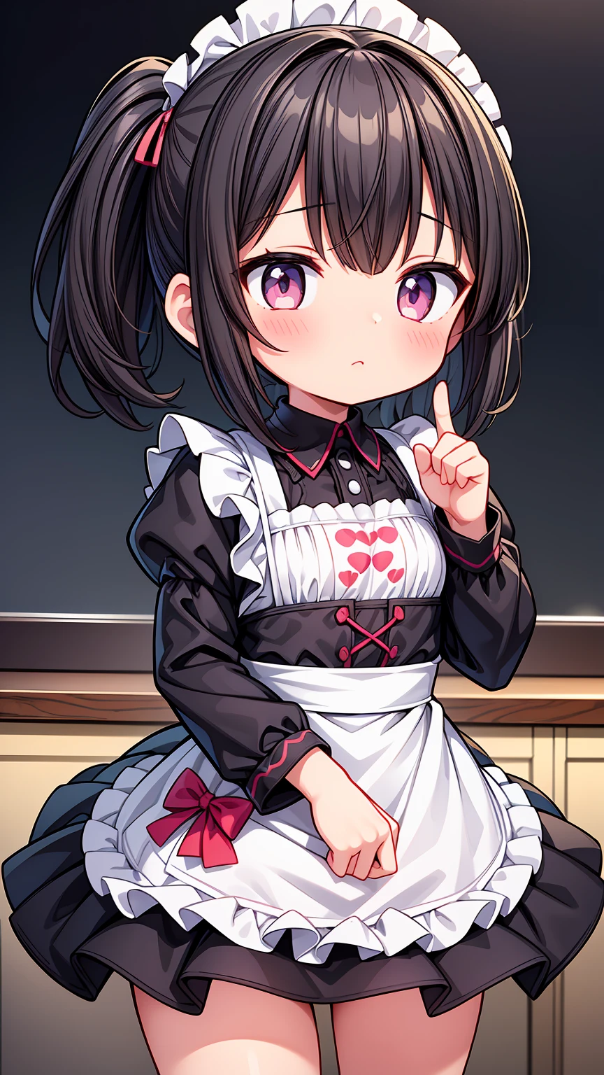 (8K, Highest image quality, highest quality, masterpiece, dynamic lighting), detailed face, ((loli)), ((girl)), (little curve), short black hair, one side ponytail hairstyle, pink eyes, ((very small bust)), (apron), happy, cowboy shot, kitchen background, ((very blushing)), ((detailed hands and fingers)), viewer perspective from below, (blush), more detailed