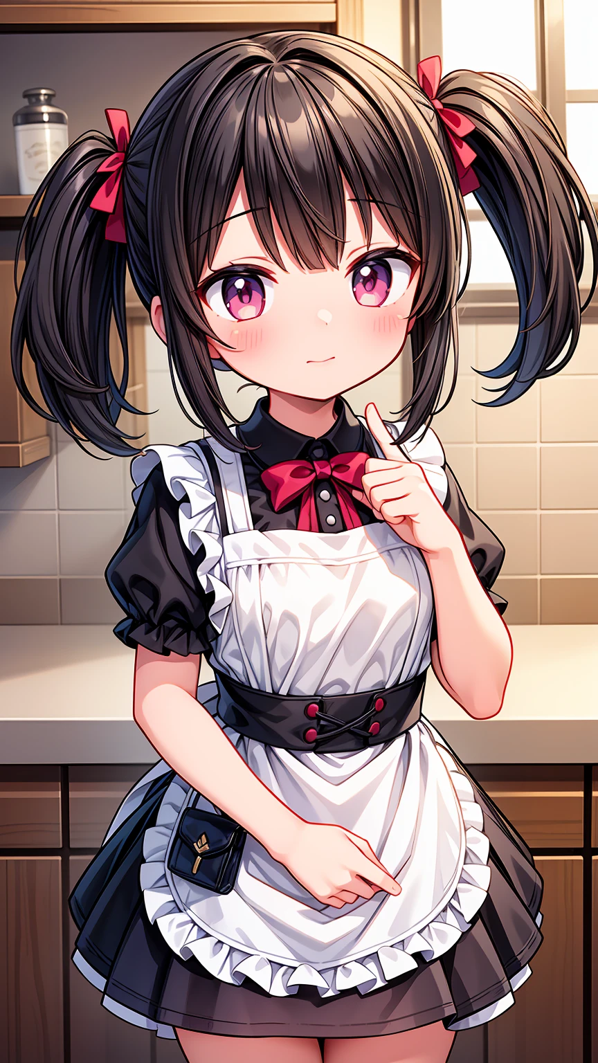 (8K, Highest image quality, highest quality, masterpiece, dynamic lighting), detailed face, ((loli)), ((girl)), (little curve), short black hair, one side ponytail hairstyle, pink eyes, ((very small bust)), (apron), happy, cowboy shot, kitchen background, ((very blushing)), ((detailed hands and fingers)), viewer perspective from below, (blush), more detailed