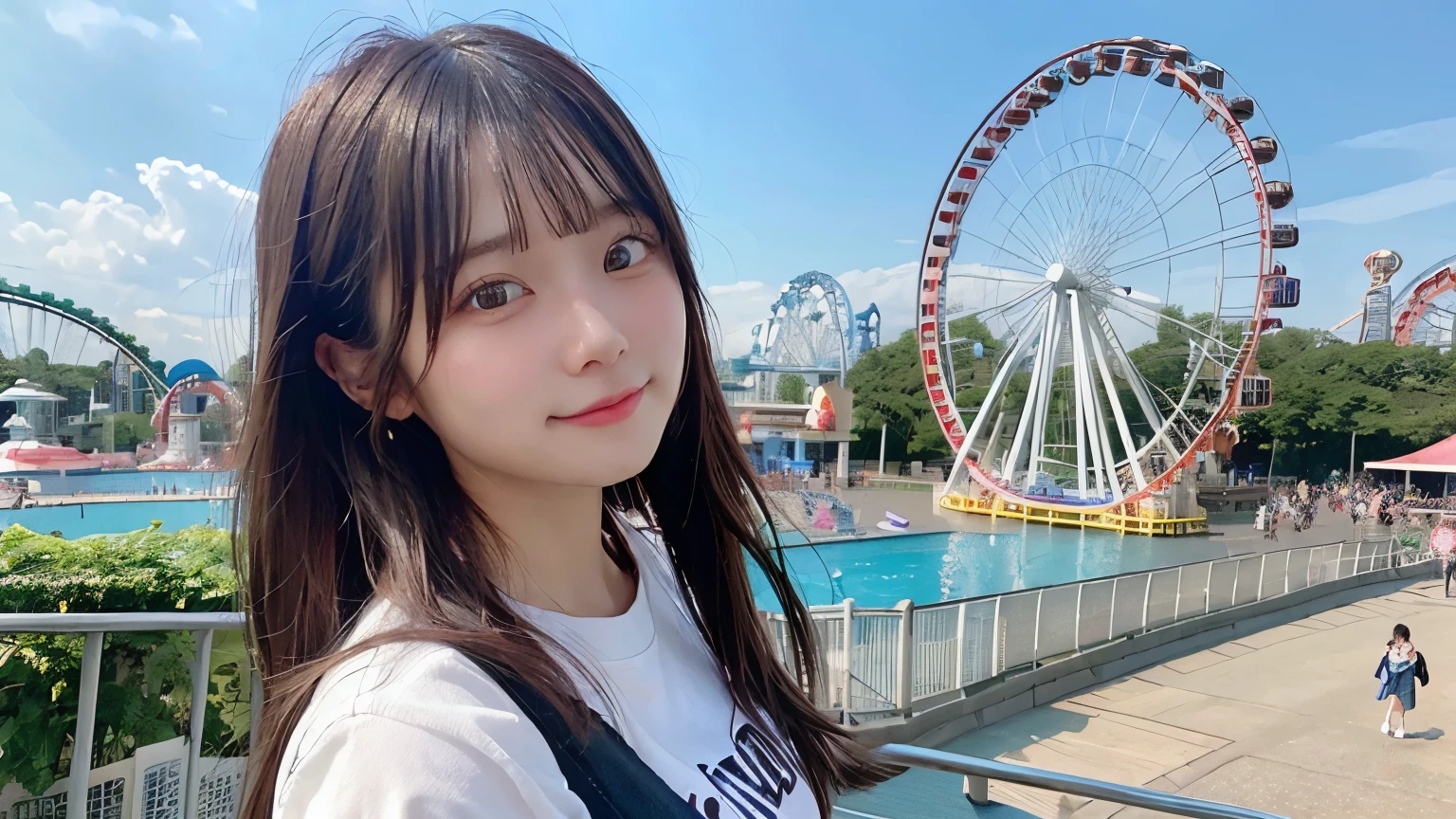 High-quality photos、Correct Anatomy、Amusement park on the hill、You can see the Ferris wheel、Large swimming pool、Poolside、Swimsuit、bikini、high school girl、Semi-long hair、Dark Brown Hair、Beautiful black eyeature look、Looking at this、fine、The whole body is visible、Full Shot