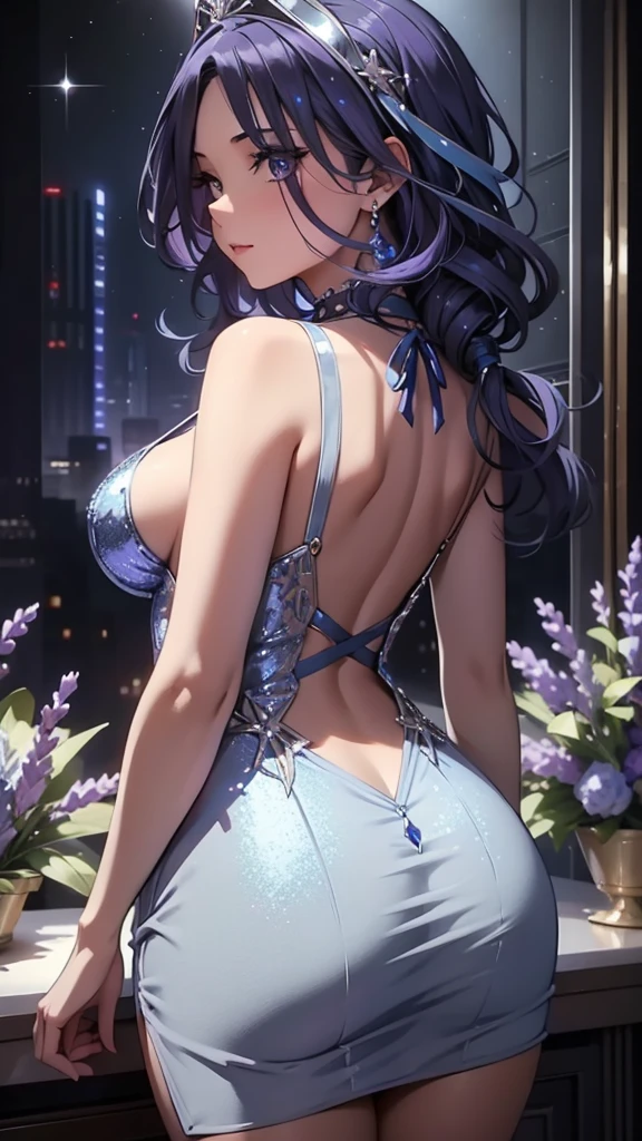 Beautiful sexy girl in a sexy blue-silver blue-lavender sequined party dress, brillante, elegante, big ass,