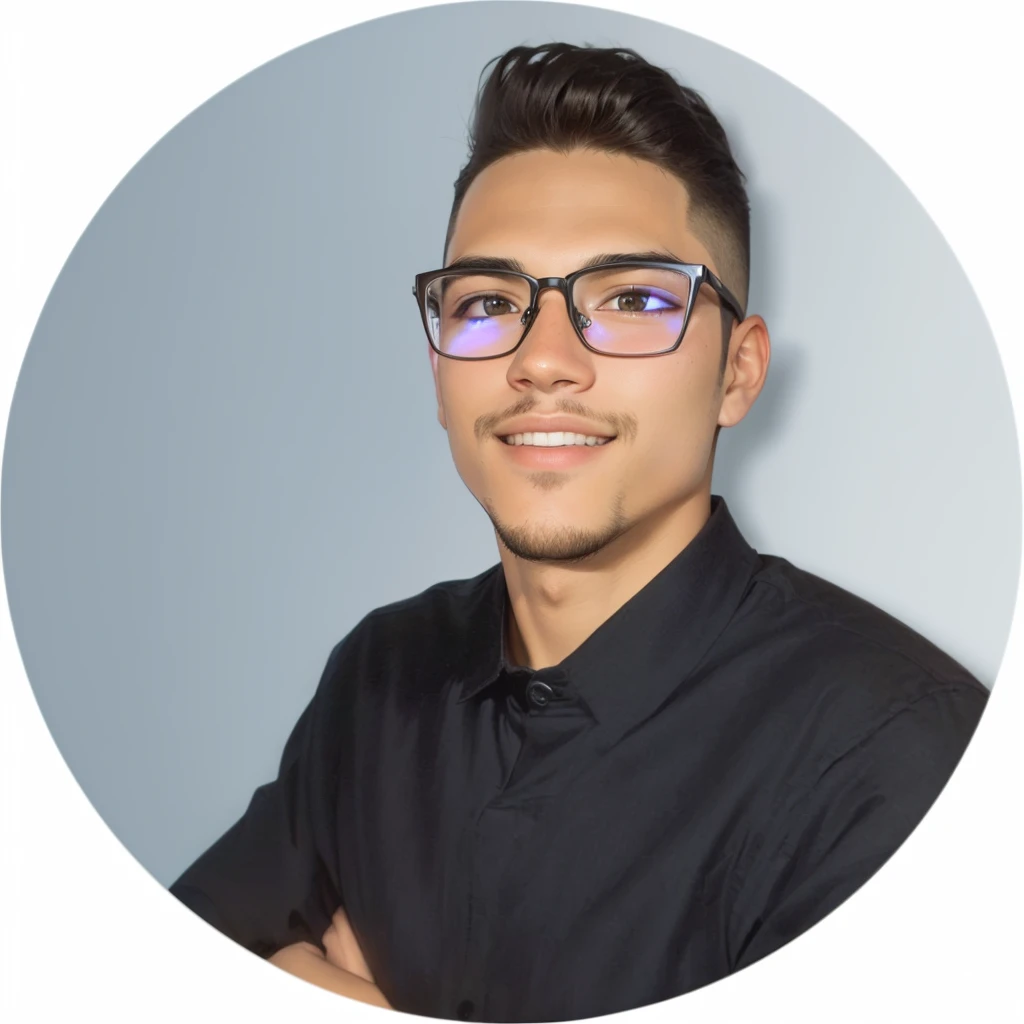 there is a young man with glasses standing with his arms crossed, professional profile picture, profile image, with nerdy glasses and goatee, profile picture, professional picture, avatar image