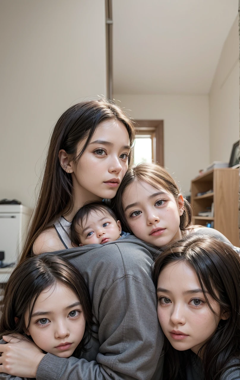 3D,Animated comic quality,Night,Inside high-rise buildings,inside a room,Mom holding the baby,weeping,Sad and scared。The child is afraid,weeping