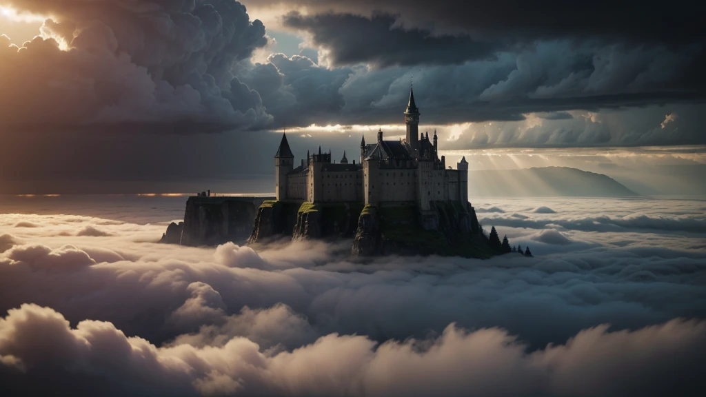 a man flying with arms outstretched in a rainy landscape, distant castle surrounded by white clouds with sunbeams coming from behind, dramatic lighting, detailed, realistic, cinematic, photorealistic, 8k, HDR, highly detailed, dramatic clouds, moody atmosphere, volumetric lighting, wet ground, rain effects, detailed facial features, expressive pose, sweeping vista, dramatic colors, epic scale, masterpiece