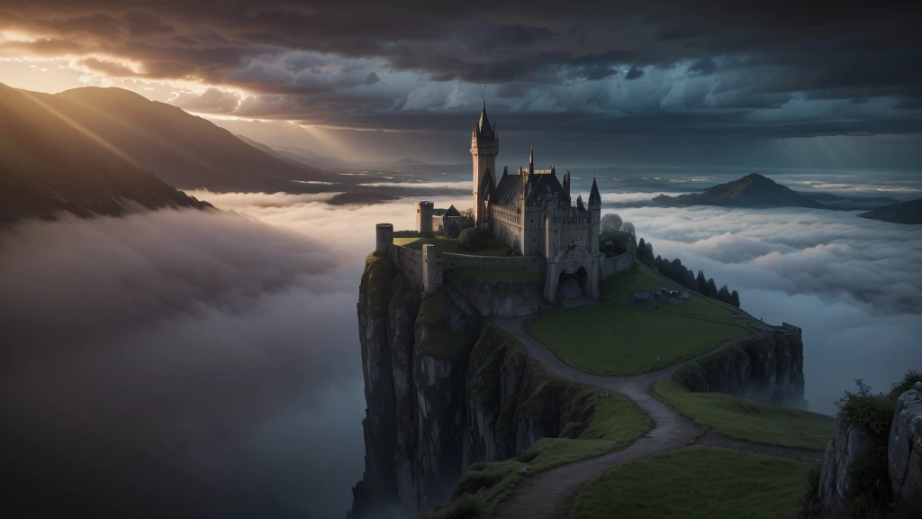 a man flying with arms outstretched in a rainy landscape, distant castle surrounded by white clouds with sunbeams coming from behind, dramatic lighting, detailed, realistic, cinematic, photorealistic, 8k, HDR, highly detailed, dramatic clouds, moody atmosphere, volumetric lighting, wet ground, rain effects, detailed facial features, expressive pose, sweeping vista, dramatic colors, epic scale, masterpiece